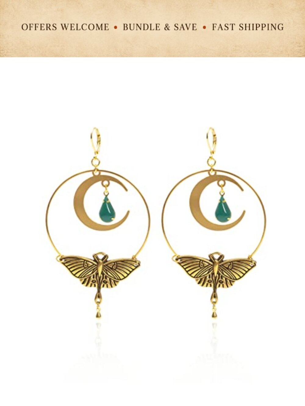 Handmade Luna Moth Drop Earrings Brass Gothic Halloween Witchy 2"